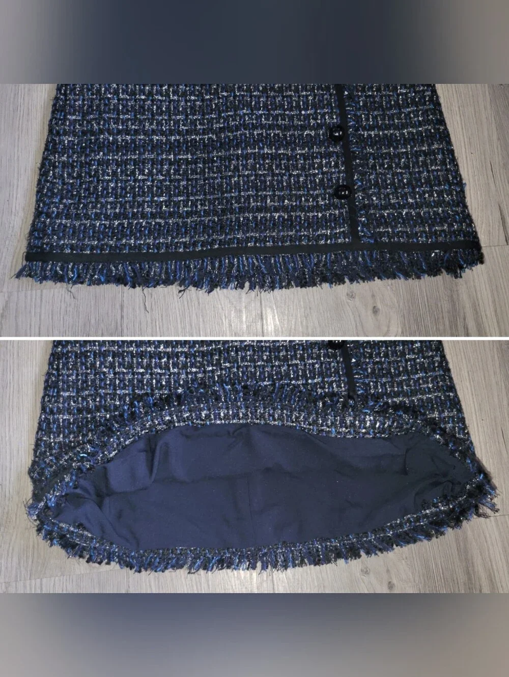Veronica Beard Mirabelle Mini Skirt Navy, Silver, Black Tweed & Fringe Hem, 4